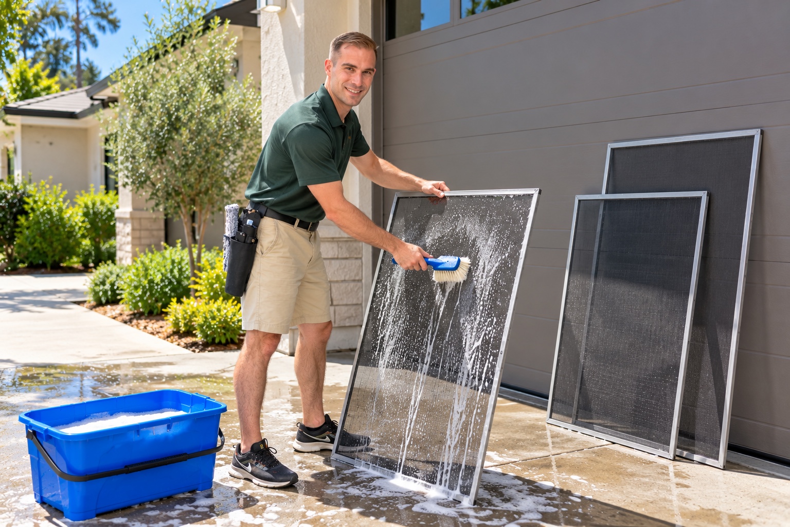 Scrubbing a window screen with a soapy brush on a driveway