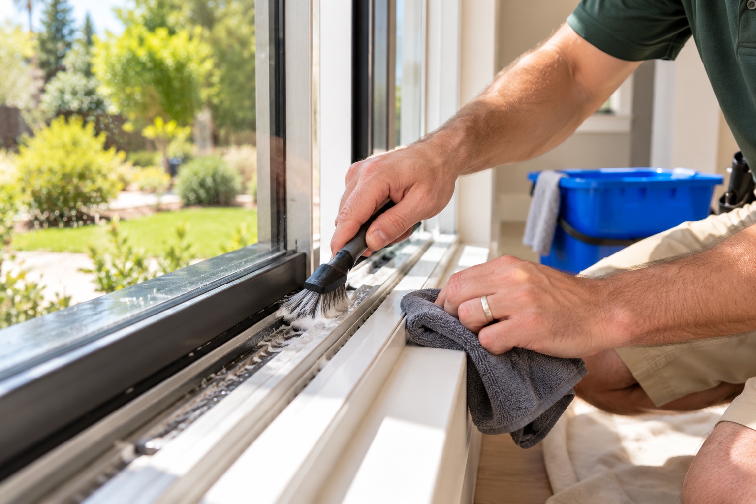 Close-up of hands cleaning a sliding-window track with a small brush and a towel